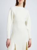 Detail image of model wearing Wool Viscose Boucle Dress in IVORY