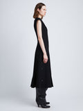 Side full length image of model wearing Matte Viscose Crepe Dress in BLACK