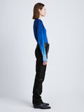 Side full length image of model wearing Ice Dyed T-Shirt in COBALT MULTI