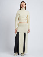 Front full length image of model wearing Technical Sequin Knit Skirt in ECRU