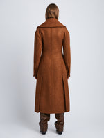Back full length image of model wearing Double Face Llama Wool Coat in UMBER