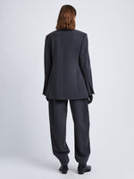 Back full length image of model wearing Melange Wool Jacket in GREY MELANGE