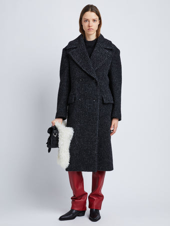 Front full length image of model wearing Melange Wool Boucle Coat in CHARCOAL