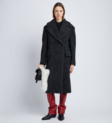 Front full length image of model wearing Melange Wool Boucle Coat in CHARCOAL