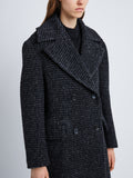 Detail image of model wearing Melange Wool Boucle Coat in CHARCOAL