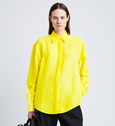 Front cropped image of model wearing Crushed Matte Satin Shirt in YELLOW