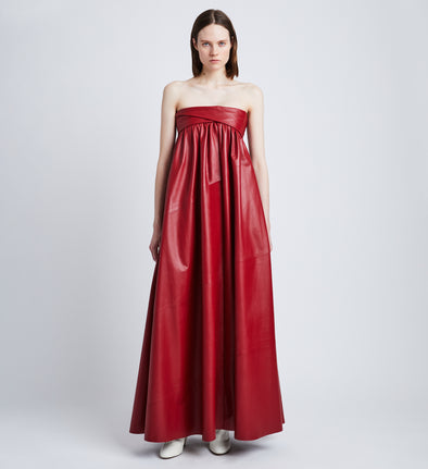 Front image of model in Nappa Leather Strapless Dress in crimson