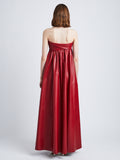 Back image of model in Nappa Leather Strapless Dress in crimson