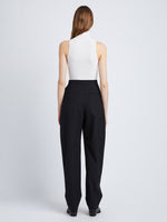 Back full length image of model wearing Wool Twill Trousers in BLACK