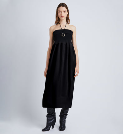 front image of model wearing viscose crepe knit dress in black