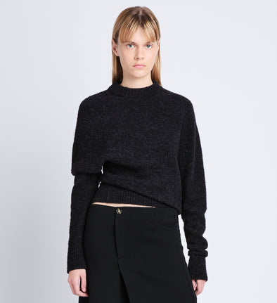 Front cropped image of model wearing Viscose Wool Sweater in CHARCOAL