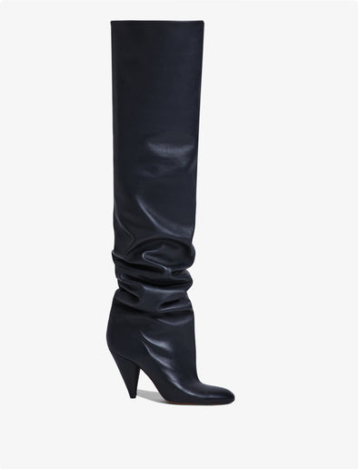 Front image of CONE SLOUCH OVER THE KNEE BOOTS in BLACK