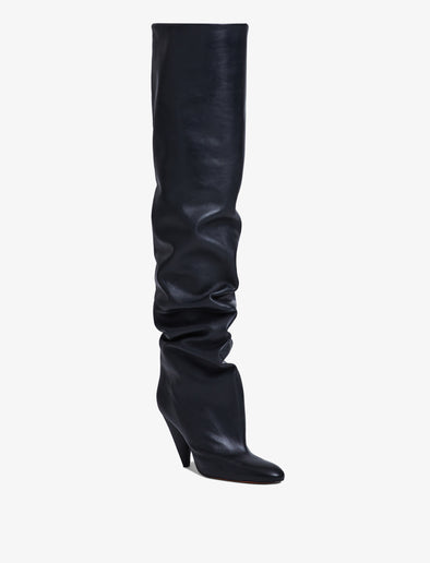 3/4 Front image of CONE SLOUCH OVER THE KNEE BOOTS in BLACK