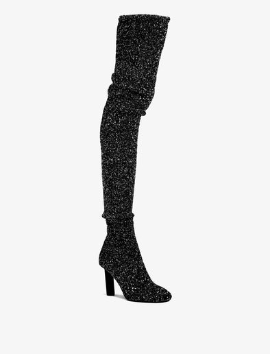 3/4 Front image of GLINT OVER THE KNEE KNIT BOOTS in BLACK