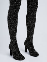 Image of model wearing GLINT OVER THE KNEE KNIT BOOTS in BLACK