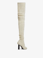 Back 3/4 image of GLINT OVER THE KNEE KNIT BOOTS in ECRU
