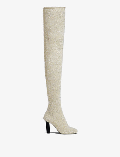 Front image of GLINT OVER THE KNEE KNIT BOOTS in ECRU
