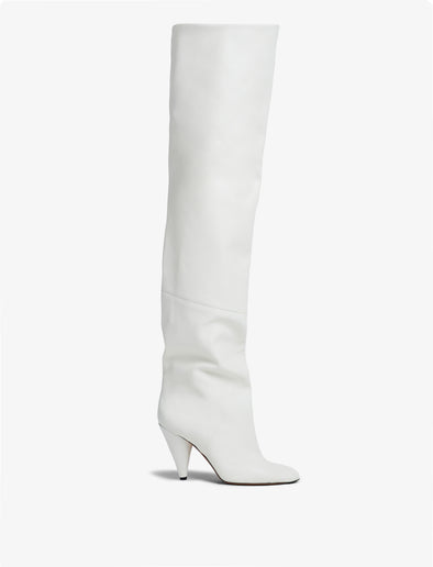 Front image of CONE SLOUCH OVER THE KNEE BOOTS in CREAM