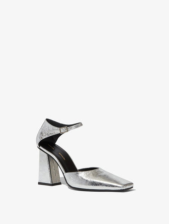 Front 3/4 view of Quad Ankle Strap Pumps in silve