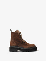 Side image of Suede Lug Sole Platform Combat Boots in Dark Brown