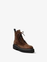 Front 3/4 image of Suede Lug Sole Platform Combat Boots in Dark Brown