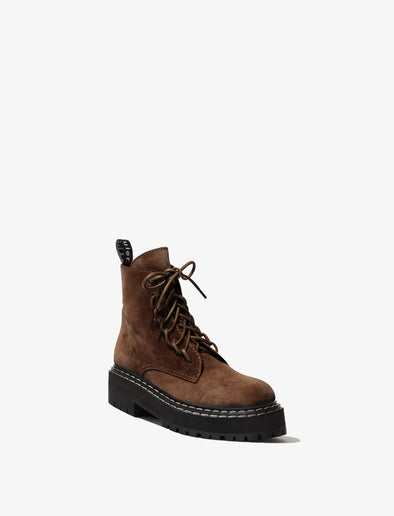 Front 3/4 image of Suede Lug Sole Platform Combat Boots in Dark Brown