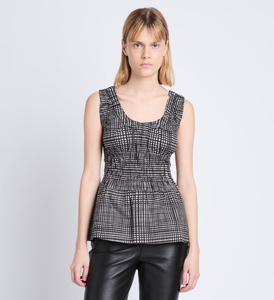 Front cropped image of model wearing Grid Poplin Gathered Tank Top in CREAM/BLACK