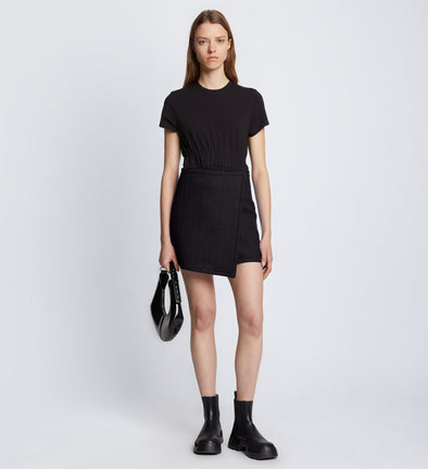 Front full length image of model wearing Tweed Wrap Skirt in BLACK