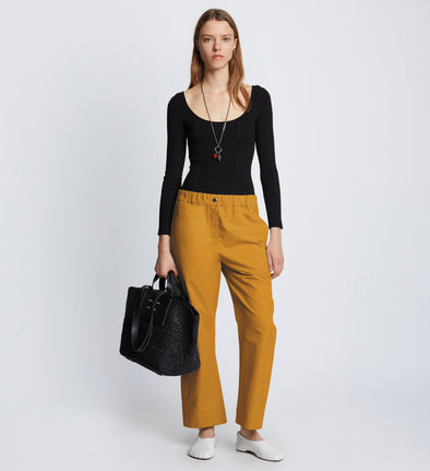 Front full length image of model wearing Solid Cotton Linen Easy Pants in GOLD
