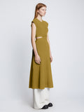 Side full length image of model wearing Pointelle Rib Cut Out Knit Dress in SULFUR