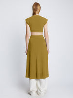 Back full length image of model wearing Pointelle Rib Cut Out Knit Dress in SULFUR