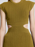 Detail image of model wearing Pointelle Rib Cut Out Knit Dress in SULFUR
