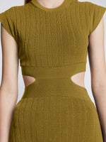 Detail image of model wearing Pointelle Rib Cut Out Knit Dress in SULFUR
