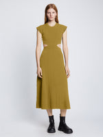 Front full length image of model wearing Pointelle Rib Cut Out Knit Dress in SULFUR
