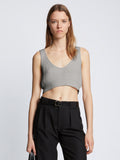 Front cropped image of model wearing Ribbed Cotton Cropped Sweater in GREY MELANGE