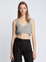 Front cropped image of model wearing Ribbed Cotton Cropped Sweater in GREY MELANGE