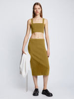 Front full length image of model wearing Pointelle Rib Knit Skirt in SULFUR