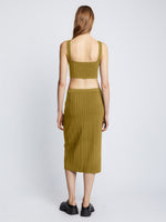 Back full length image of model wearing Pointelle Rib Knit Skirt in SULFUR
