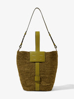 Front image of Sullivan Raffia Bag in MOSS with strap up