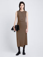 Front image of model wearing T-Shirt Wrap Dress in coffee