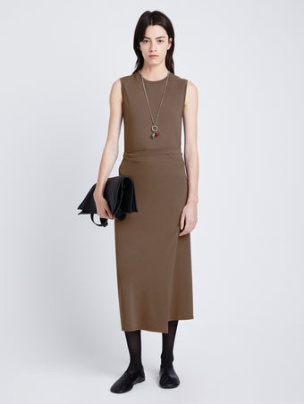 Front image of model wearing T-Shirt Wrap Dress in coffee