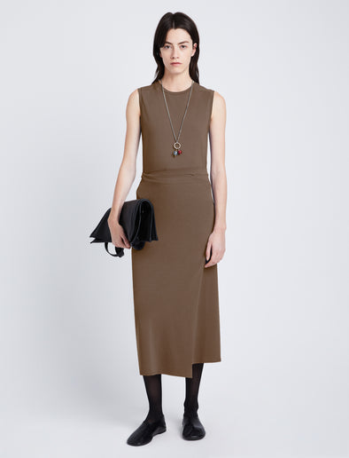 Front image of model wearing T-Shirt Wrap Dress in coffee