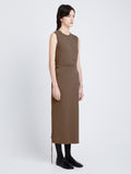 Side image of model wearing T-Shirt Wrap Dress in coffee