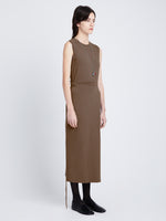 Side image of model wearing T-Shirt Wrap Dress in coffee