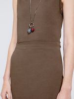 Detail image of model wearing T-Shirt Wrap Dress in coffee