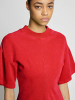 Detail image of model wearing Eco Cotton Waisted T-Shirt in POPPY