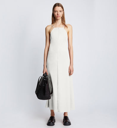 Front full length image of model wearing Drapey Suiting Cut Out Dress in OFF WHITE