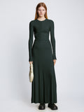 Front full length image of model wearing Long Sleeve Jersey Open Back Dress in PINE