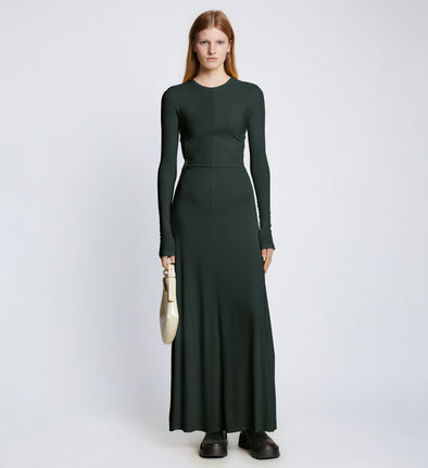 Front full length image of model wearing Long Sleeve Jersey Open Back Dress in PINE