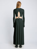 Back full length image of model wearing Long Sleeve Jersey Open Back Dress in PINE